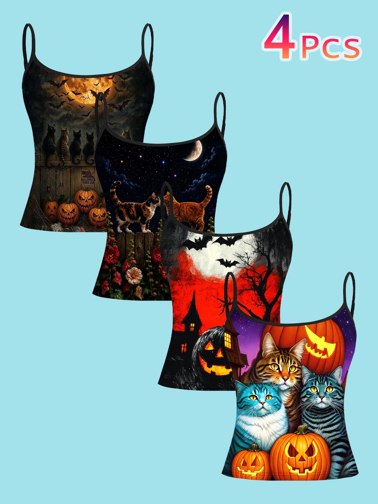 4-Piece Set of Halloween Cat and Pumpkin Women's Camisoles, Full Moon Bat Haunted House Floral Vintage Oil Painting Print Slim-Fit Spaghetti Strap Short Camisole Tops