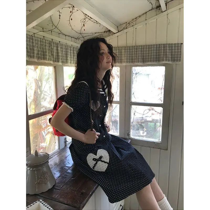 

Kimotimo, корейские шикарные милые юбки, комплекты, винтажные короткие рубашки с матросским воротником в горошек Y2k, плиссированная мини-юбка трапециевидной формы с принтом сердца