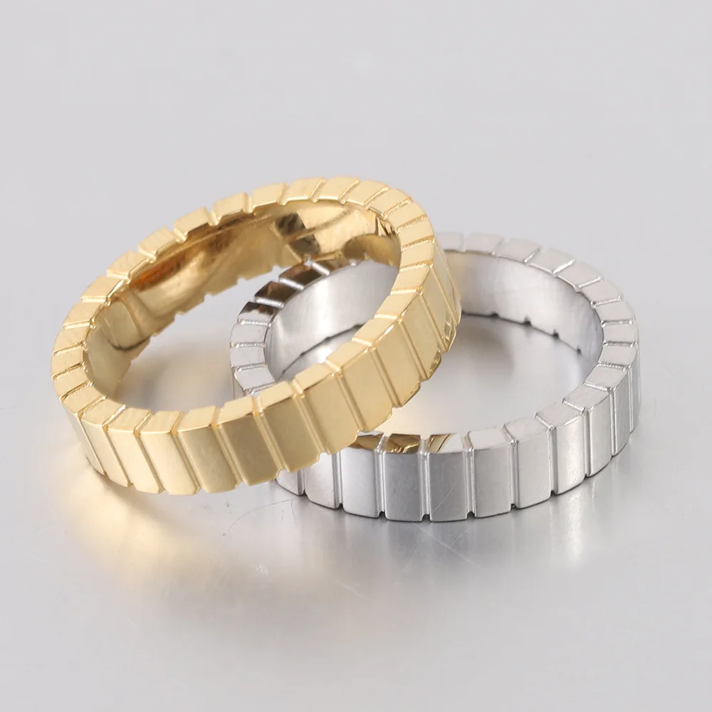 

YHTOT Minimalist Stainless Steel Gold Color Geometric Texture Ring Stackable Neutral Ring for Daily Wear