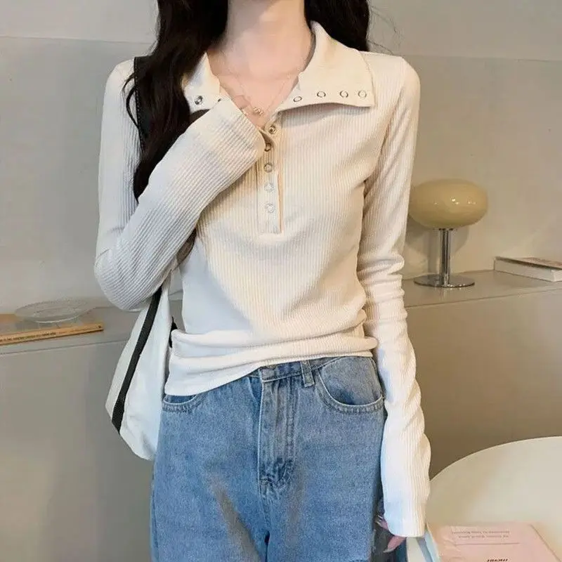 Autumn New Original Design Fashionable Casual Slim Fit Long Sleeved T-shirt Elegant Versatile Solid Color Popular Women\'s Top