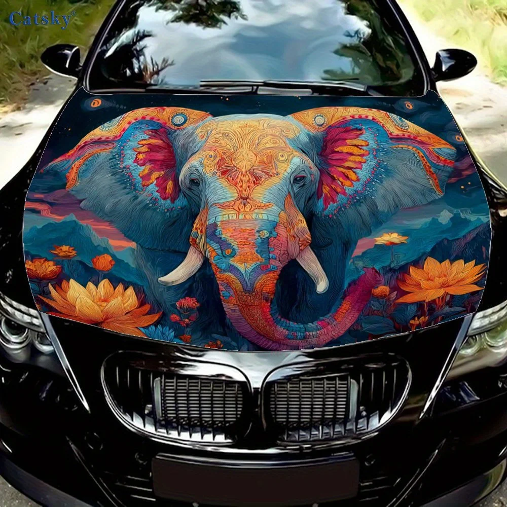 

Красочная упаковочная наклейка на капот автомобиля Mystical Elephant, материал ПВХ, самоклеящаяся водонепроницаемая, противоскользящая краска, декор для экстерьера автомобиля