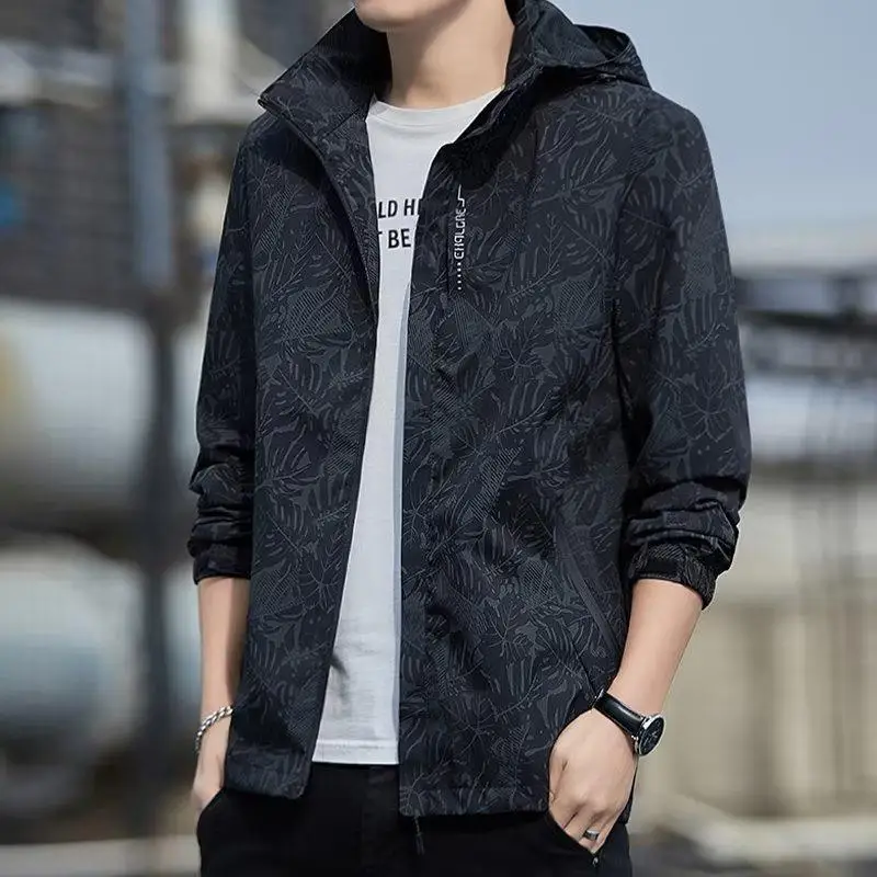 

Casual Printed Jacket Men's Fashionable Spring Autumn Windbreaker Coat Polyester Fiber Long Sleeve Zipper Closure Cleanfit Style