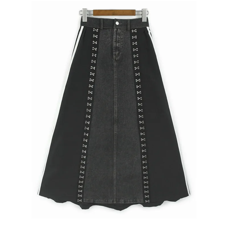 [Vibe] High Elastic Waist Skirt Blue Denim Jeans Color-block Rivet Long A-line Half-body Skirt For Women New Spring Autumn 2025