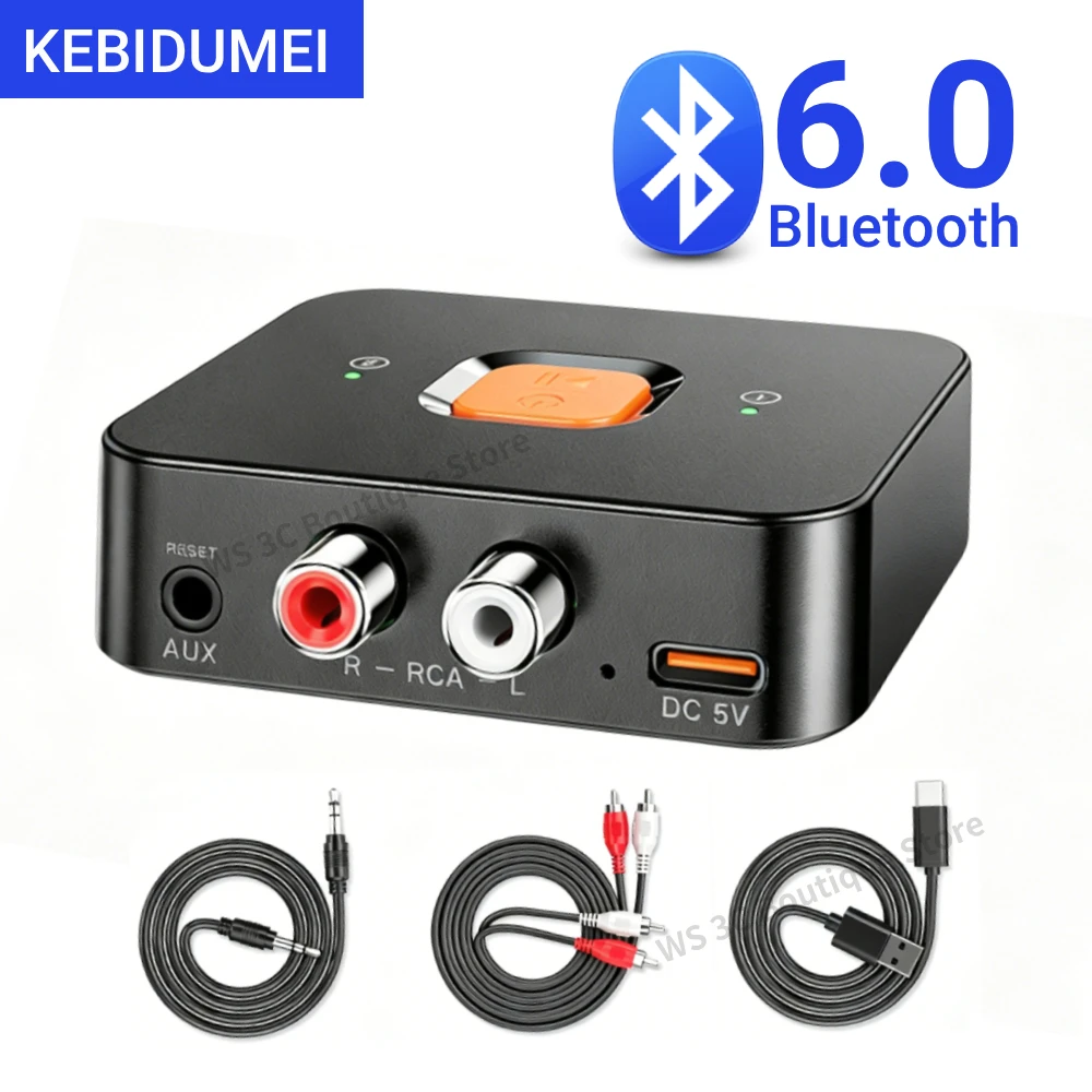 KEBIDUMEI Bluetooth 6.0 Empfänger 3,5 mm AUX-Buchse RCA Wireless Adapter mit Mikrofon für Car Kit Audio Transmitter Verstärker Lautsprecher
