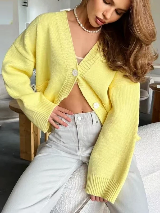 

Women's V-Ne ket Knitted Open Cardigan Loose Sweater Jaet Street Sle Long Sve Regular Length Pure Color