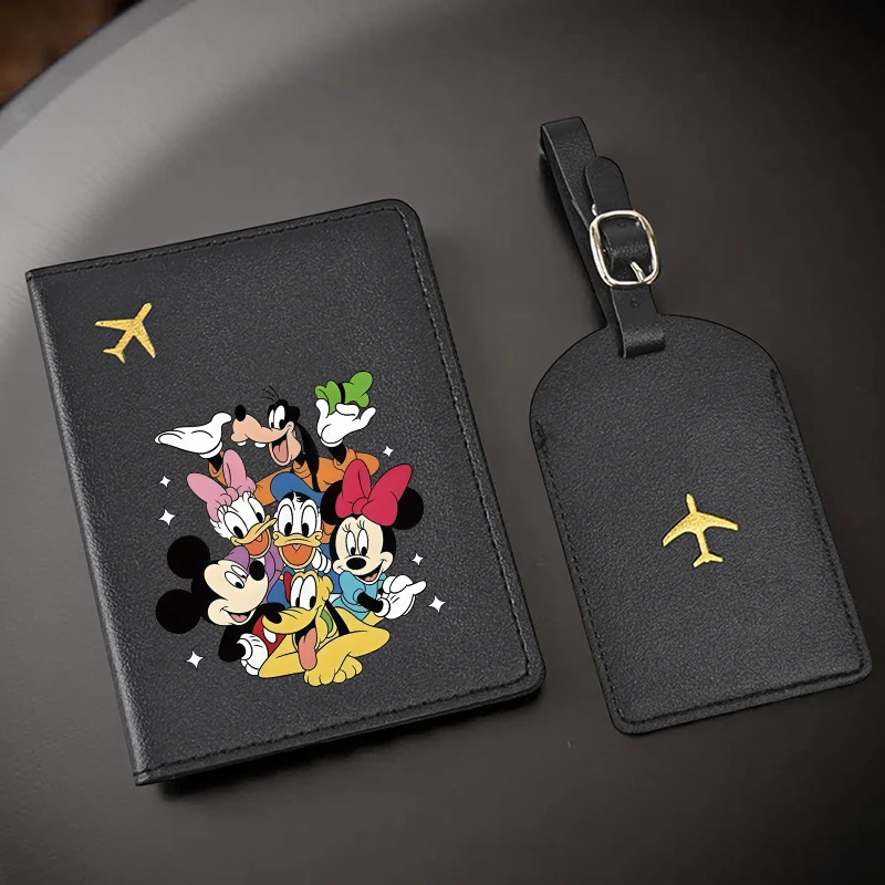 قطعتان من حامل جواز السفر ميكي ميني دونالد ومجموعة علامات الأمتعة، محفظة سفر من البولي يوريثان للجنسين، هدية لطيفة لأساسيات السفر لجميع الأعمار #4