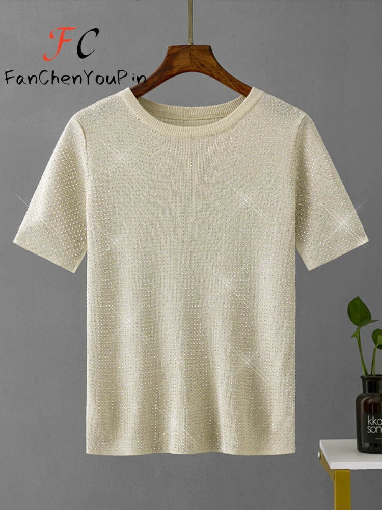 

Spring Summer Womens T-shirt Fashion O-neck Heavy Industry Knitte Short-sleeved Tops Casual Loose Exquisite Solid Color Pullover