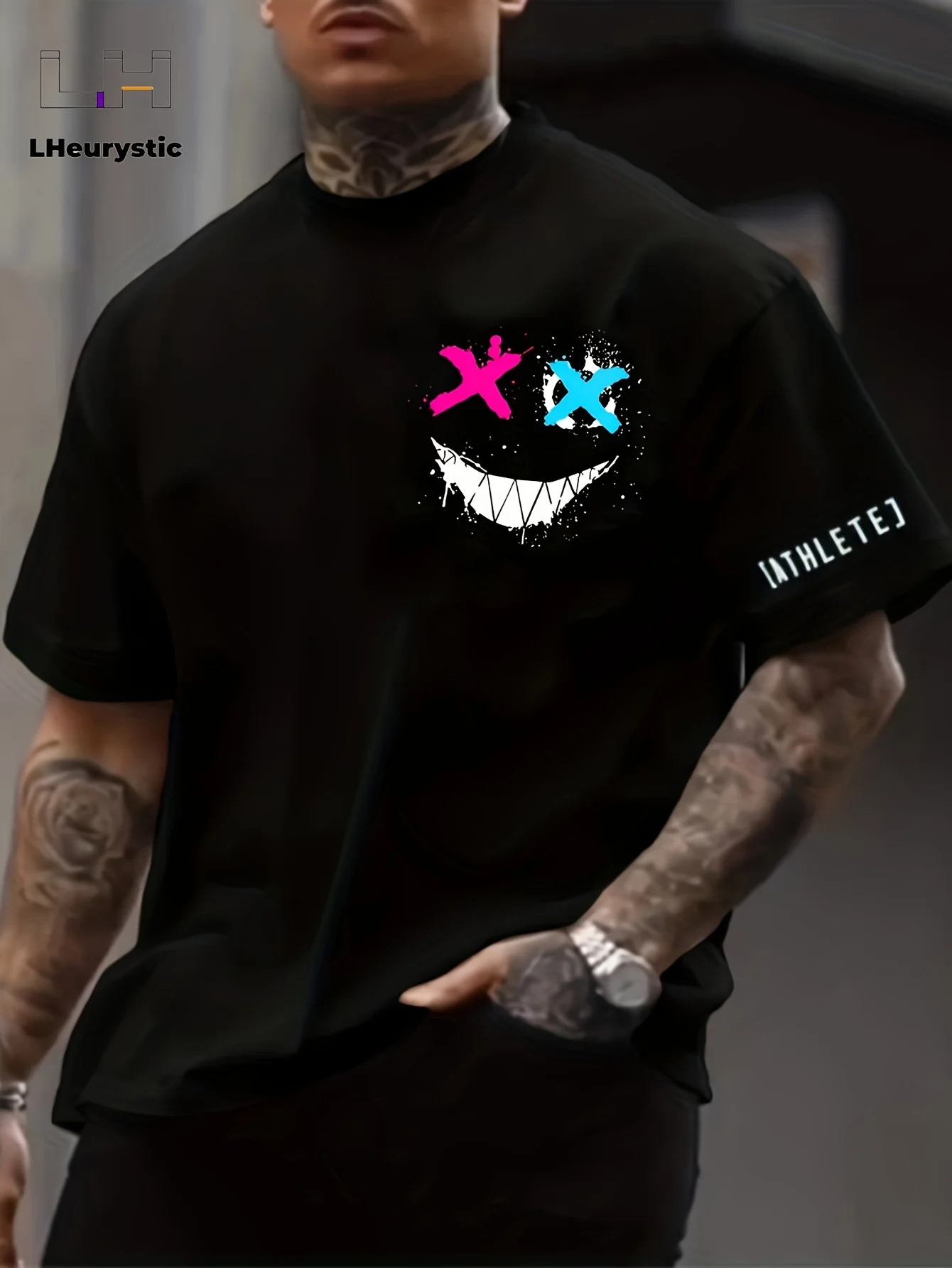 Men 100% Cotton T-shirt X Eyes Smiley Face Print With letterprintOn Sleeve Casual Short Sleeve Streetwear Graphic Tee