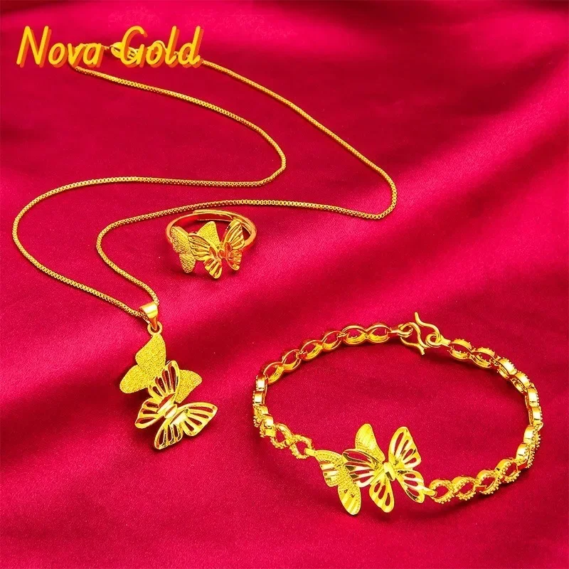 NovaGlod 24K Gold Bowknot Jewelry Set | AU999 Pure Gold, matching bracelet, necklace, and ring, 3D bowknots for a sweet and roma