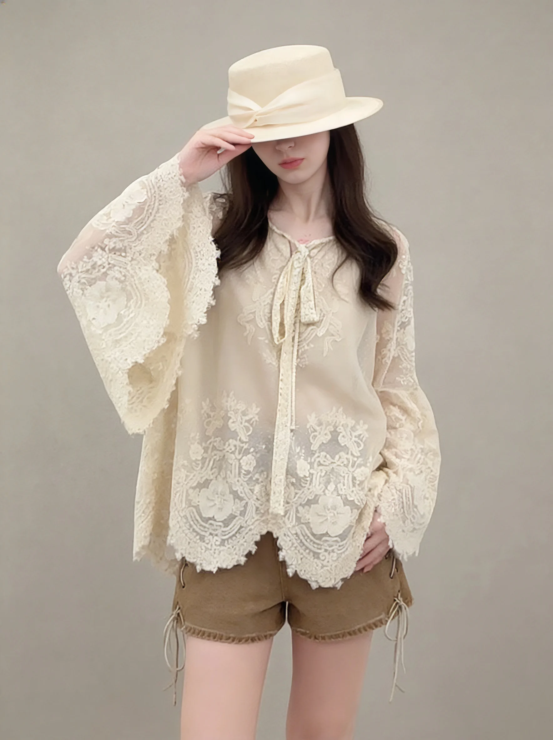

Элегантная женская блузка с кружевной вышивкой и ажурными вставками, модный сетчатый топ цвета груши, повседневный свободный крой, длинный рукав, круглый вырез горловины