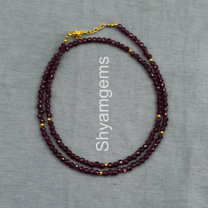 Natural Garnet Faceted Beaded Necklace, 3mm Red Gemstone Jewelry, January Birth