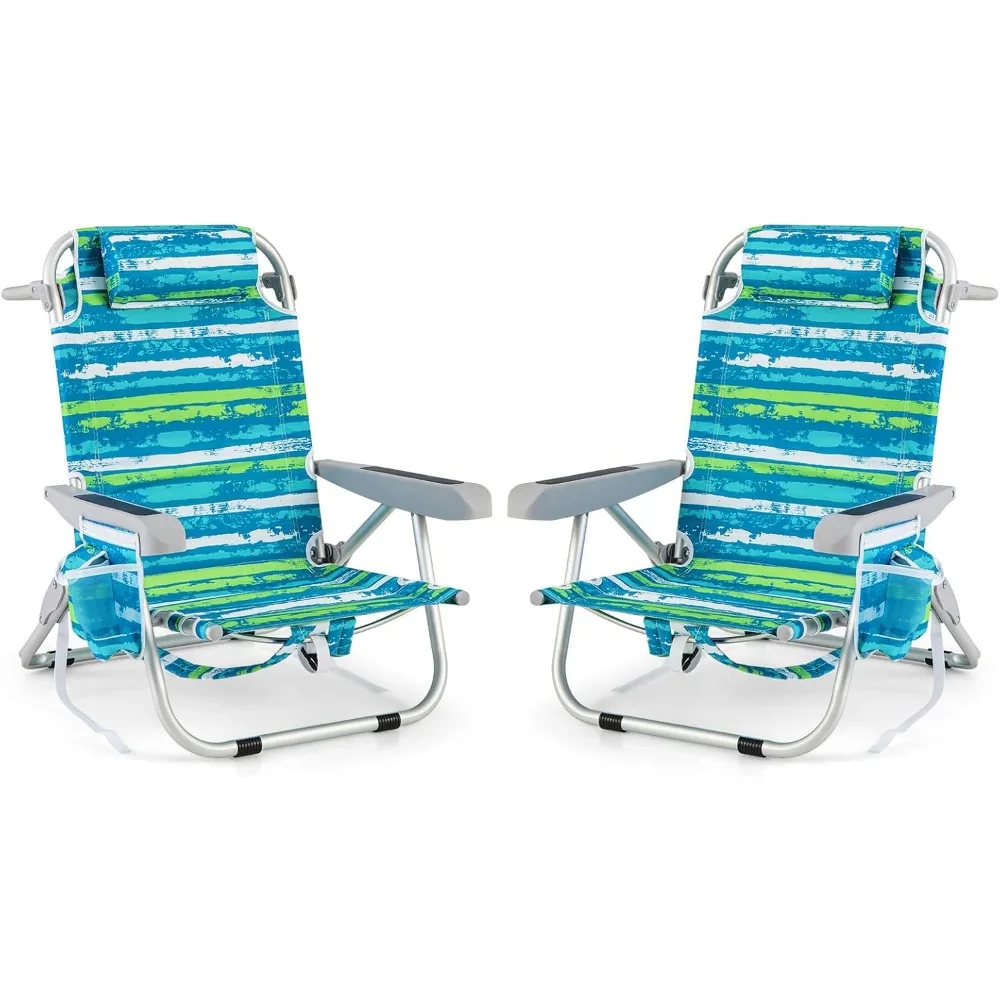 

2-Pack Backpack Beach Chair, Foldable Camping Chair with 5 Adjustable Position, Cup Holder, Storage Pockets, Straps,