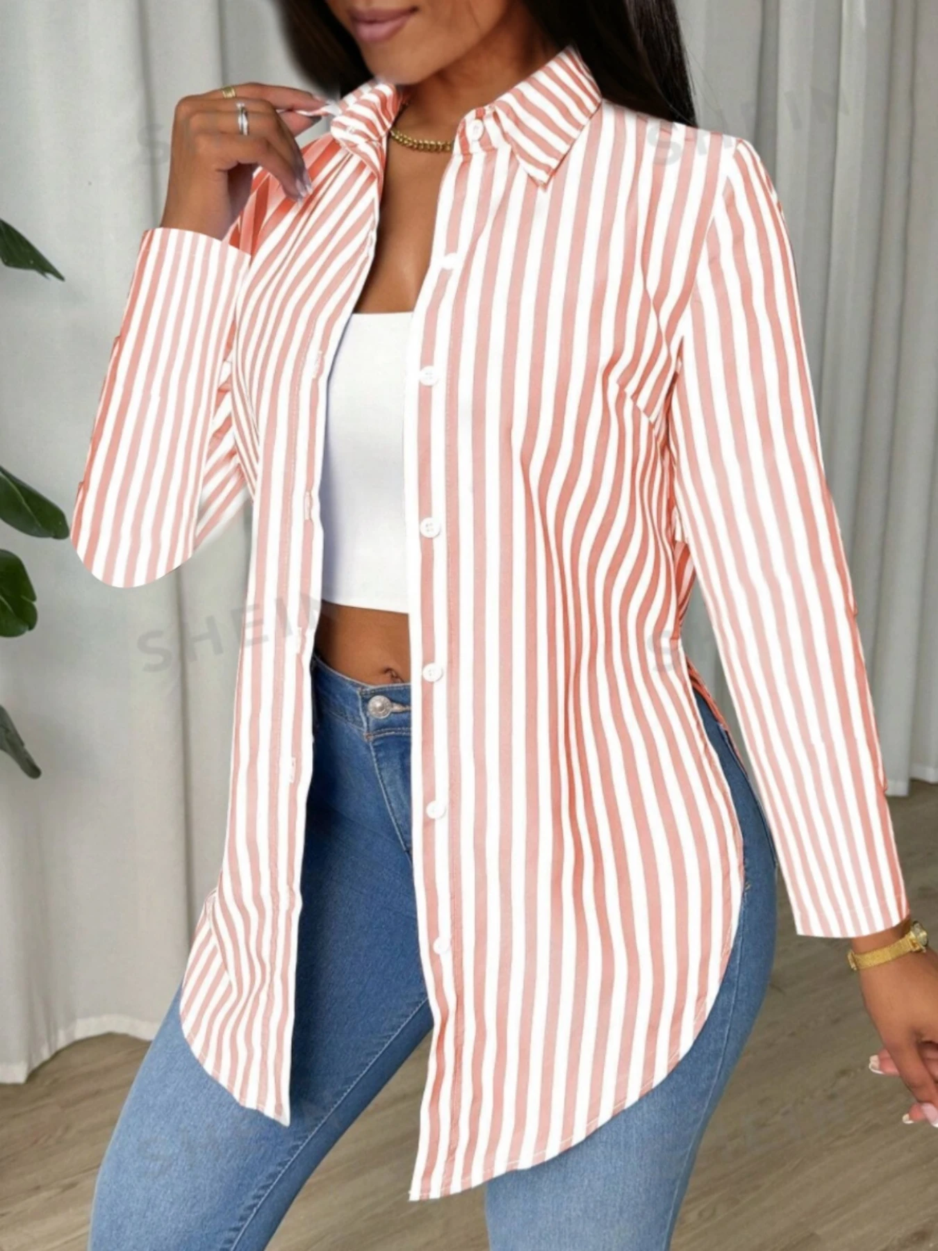 Women's Long Sleeve Striped Button-Up Shirt with Classic Lapel Collar and Curved Hem - Casual Office Wear Tops image 6