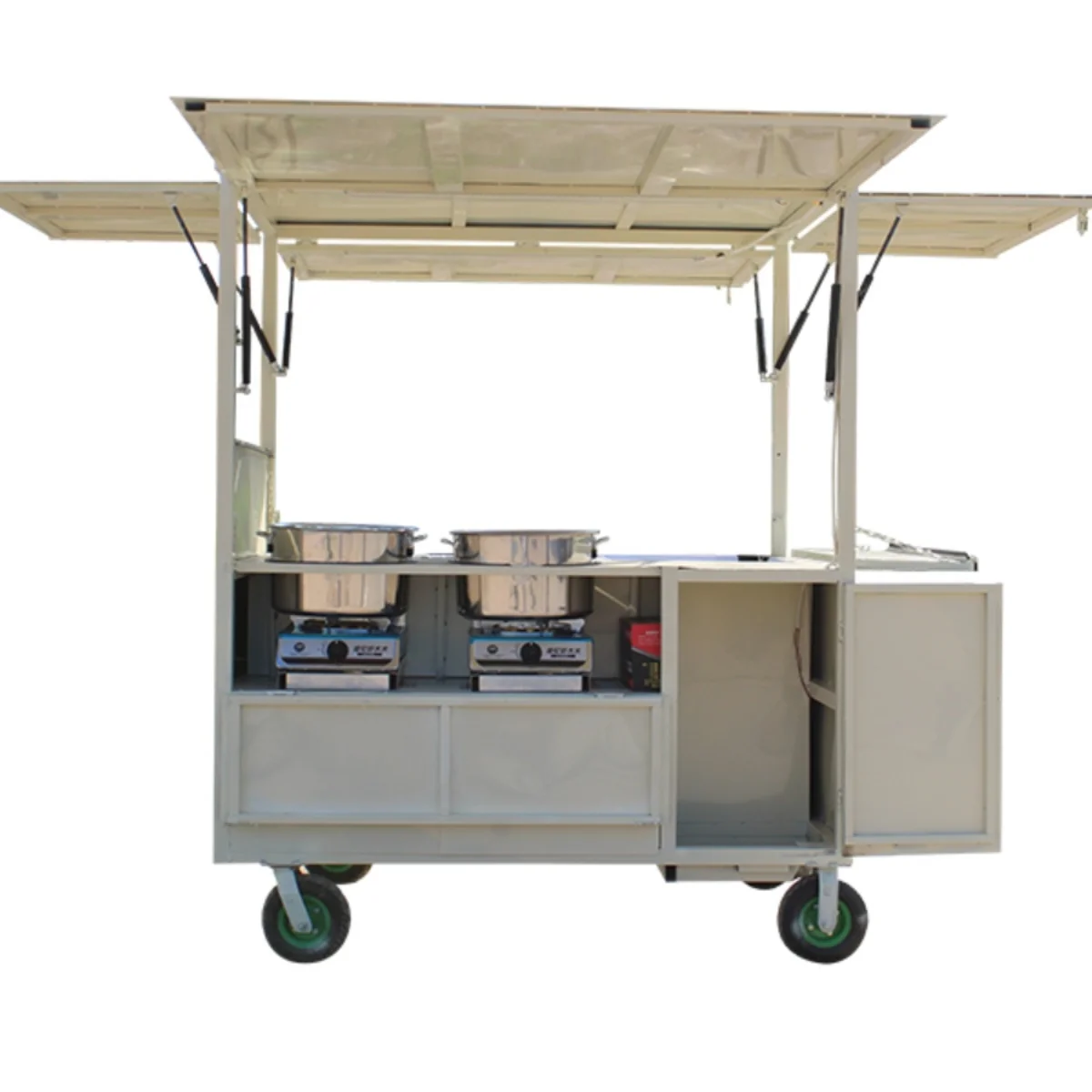 Fresco con congelador, carrito de aperitivos de empuje, comedor gourmet, puesto de mercado nocturno, desayuno, comida cocida, verduras estofadas