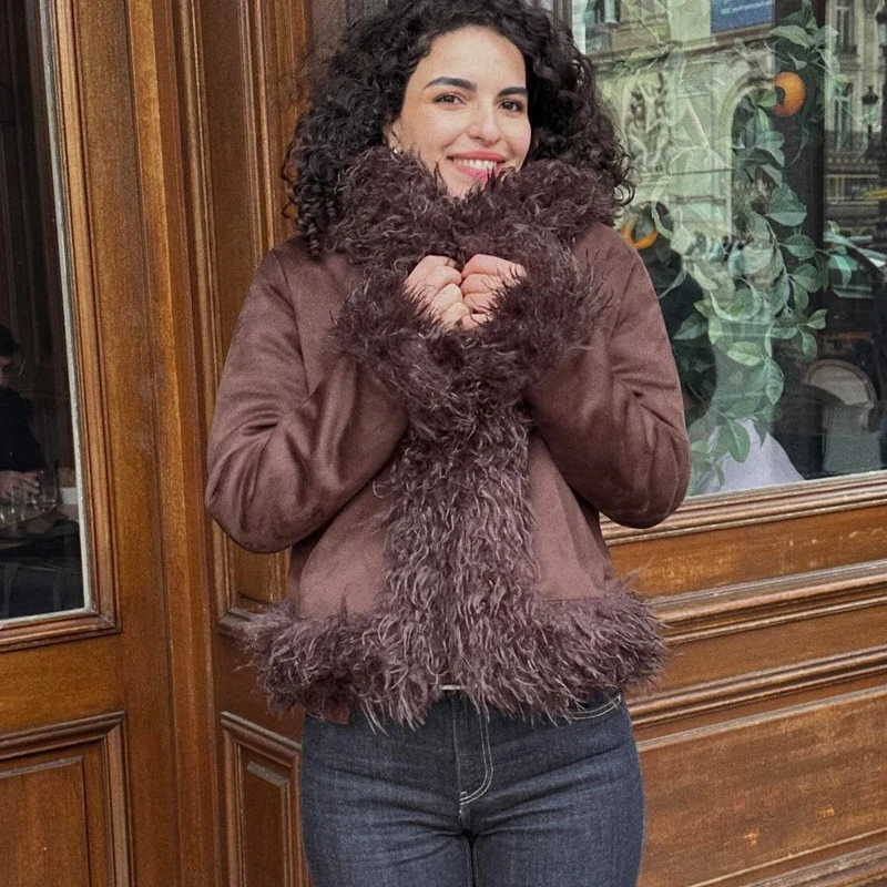 

Женские коричневые куртки из искусственного меха с длинными рукавами, плюшевая верхняя одежда с бахромой, новинка весны 2026, элегантное женское теплое пальто-тедди