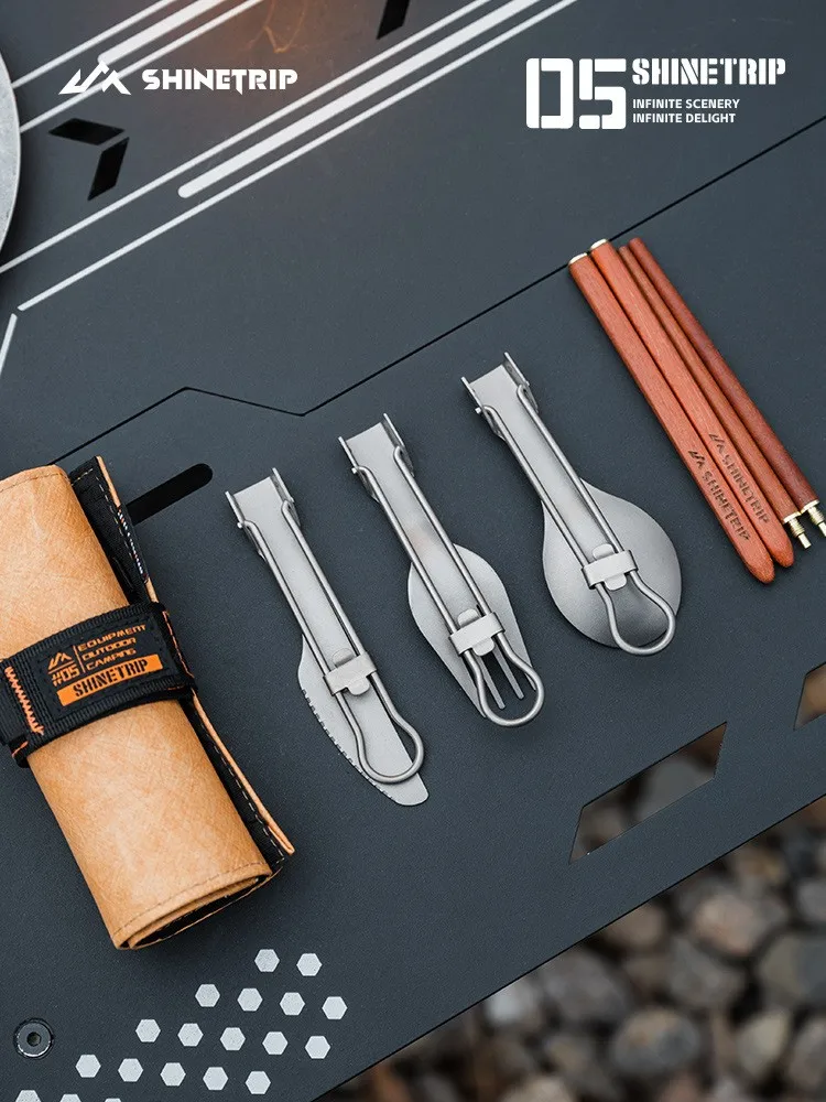 

ShineTrip Outdoor Portable Folding Tableware Camping Travel Titanium Kitchenware Set Spoon Fork Knife Chopsticks Storage Bag