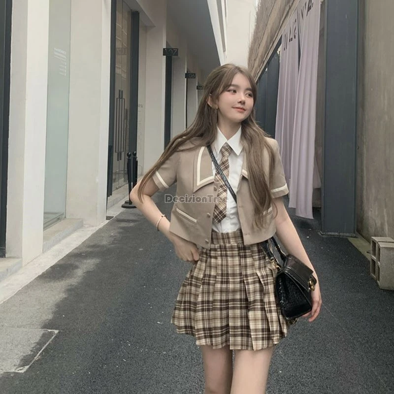 2024 three-piece uniform set Summer preppy England style short sleeve shirt + short pleated skirt long sleeve coat jk suit w750