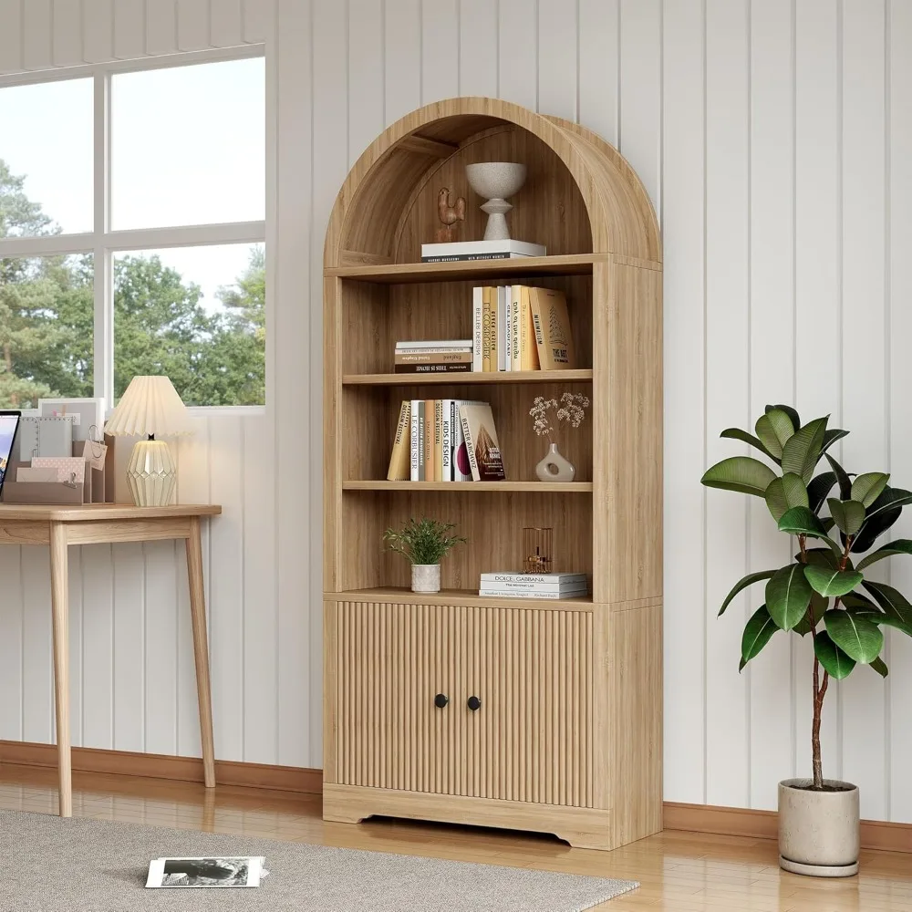 6-уровневый деревянный книжный шкаф в стиле фермерского дома с дверцей и местом для хранения для кухни и гостиной