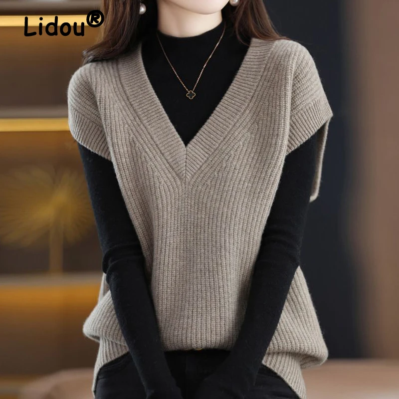 

2022 Women's Elegant Solid Color Simple All-match Sweater Vest V-neck Sleeveless Ladies Autumn Casual Pullover Warm Knitted Vest