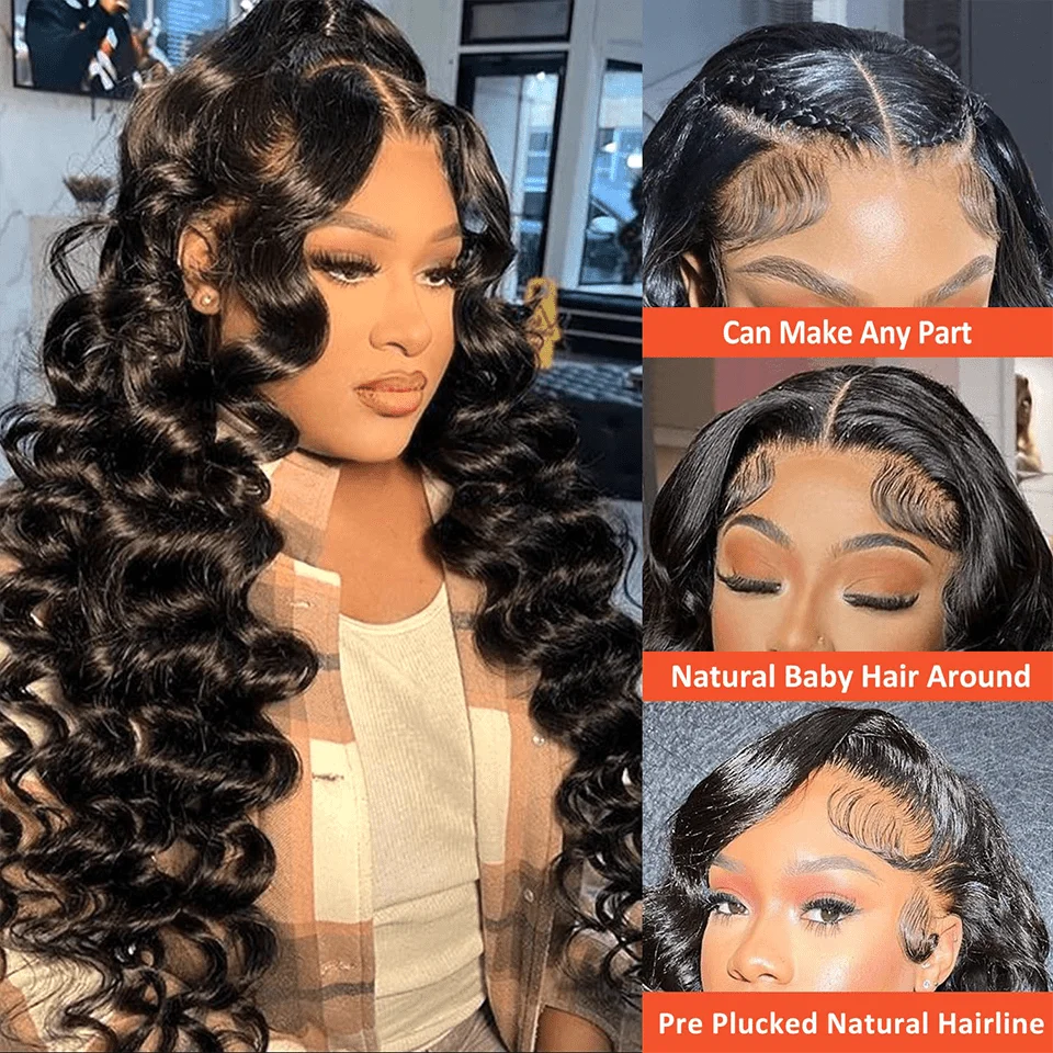42 Inch 250 Density Deep Wave Human Hair Wigs Curly Brazilian Lace Front Wigs Pre Plucked Natural Black 13X6 Hd Lace Frontal Wig image 3