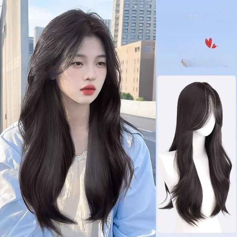 

Synthetic wig for women: long straight hair, medium-length style, middle part with eight-character bangs, large waves