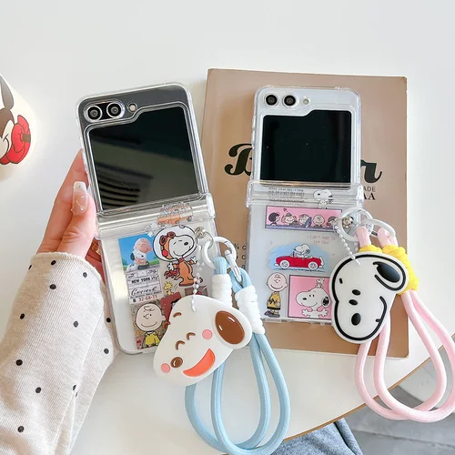 랜야드 휴대폰 케이스가 있는 만화 라벨 스누피, 삼성 갤럭시 Z 플립 3 4 Z 플립 5 6 5G PC 하드 낙하 방지 백 커버