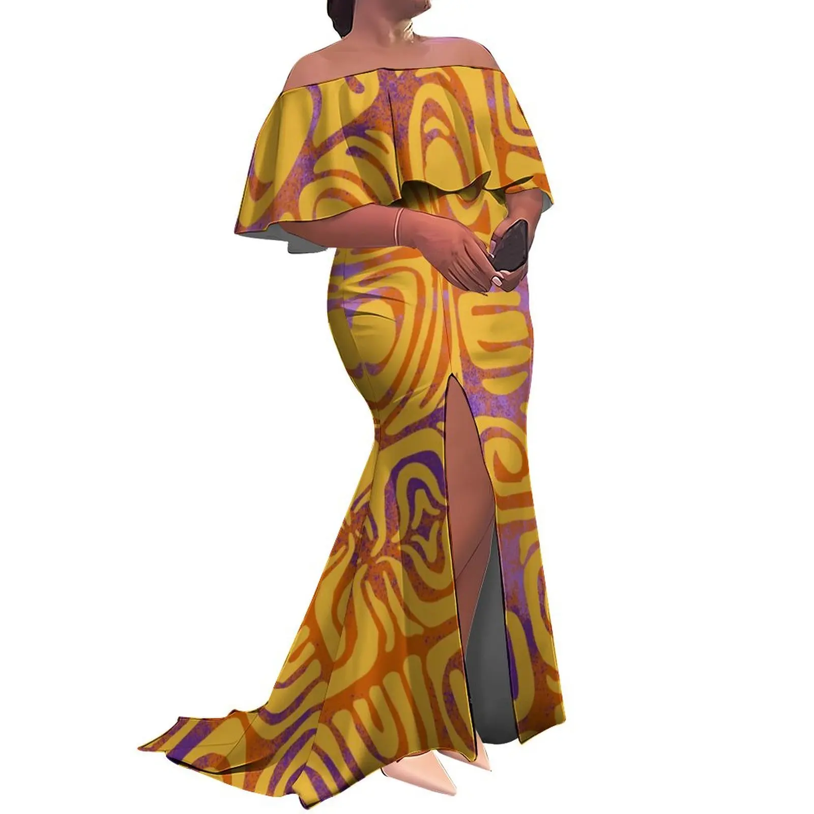 Design Custom Polynesian Tribal Green Slit Pleated Dress Plus Size Women Mermaid Dress Off Shoulder Bodycon Dress Samoan Dress