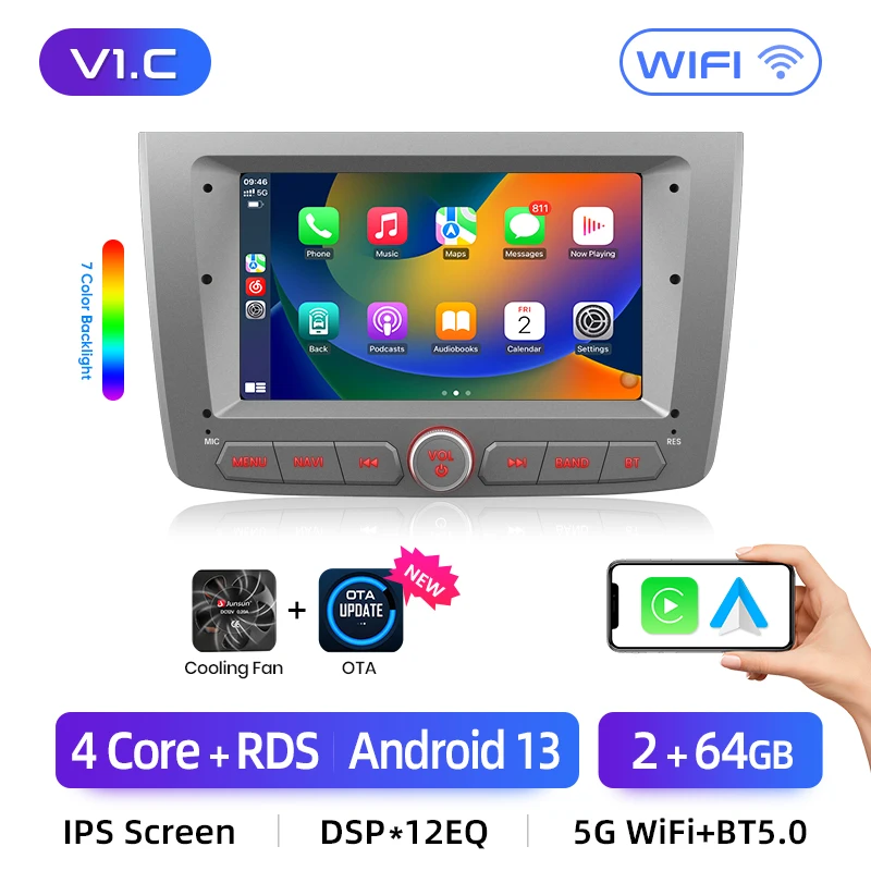 Junsun 7 Inch Autoradio voor Alfa Romeo Mito 2008 2009 2010 2011-2019 Draadloze CarPlay Android Auto Intelligente multimedia 4G