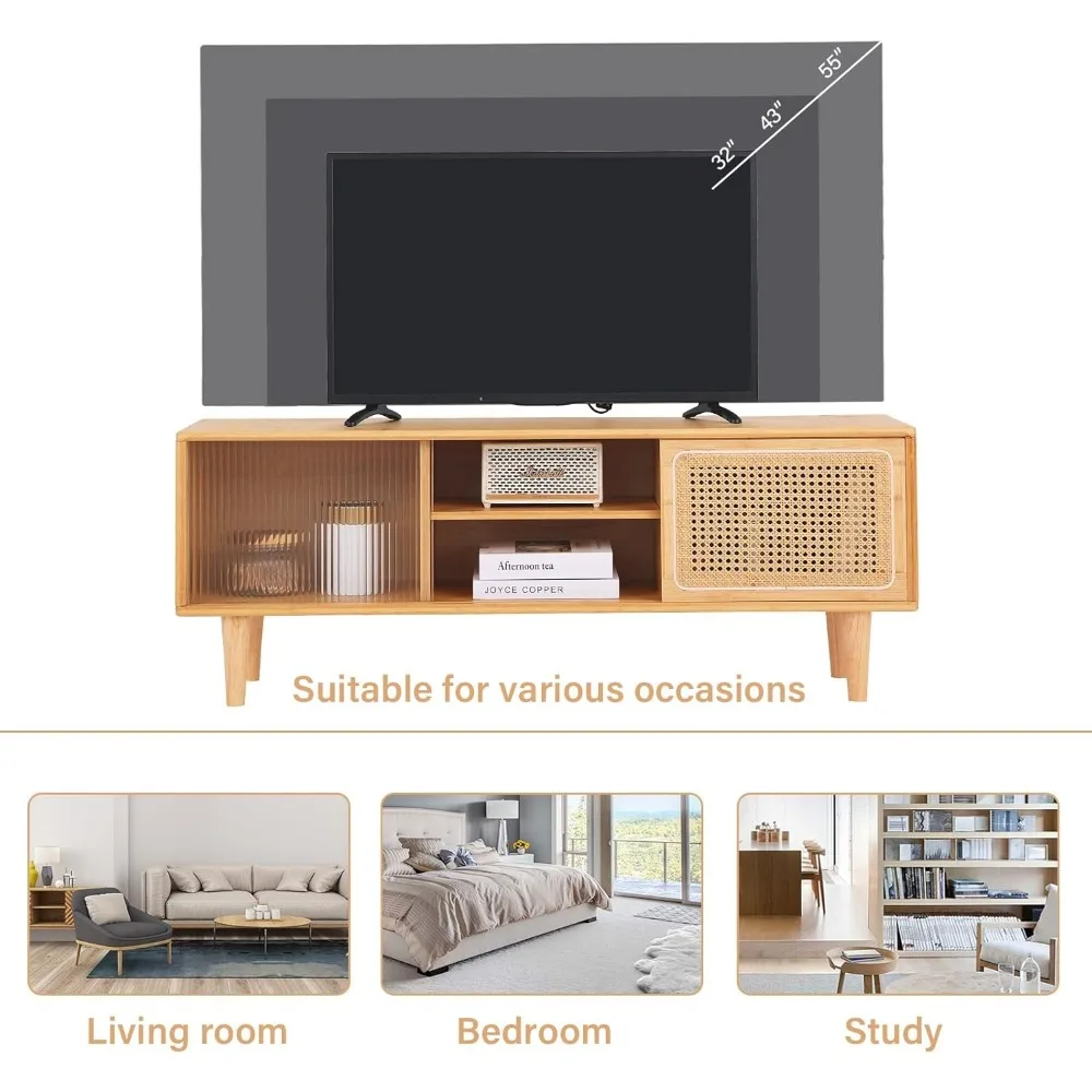 حامل تلفزيون من الروطان لتلفزيون 55 بوصة، وخزانة تلفزيون من الخيزران مع رف وتخزين قابل للتعديل، ومركز ترفيه بوهو، ووحدة منتصف القرن #4