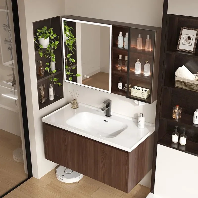 for Walnut Thickened Honeycomb Aluminum Bathroom Cabinet with Ceramic Integrated Basin Washbasin Vanity Unit Combined Sink