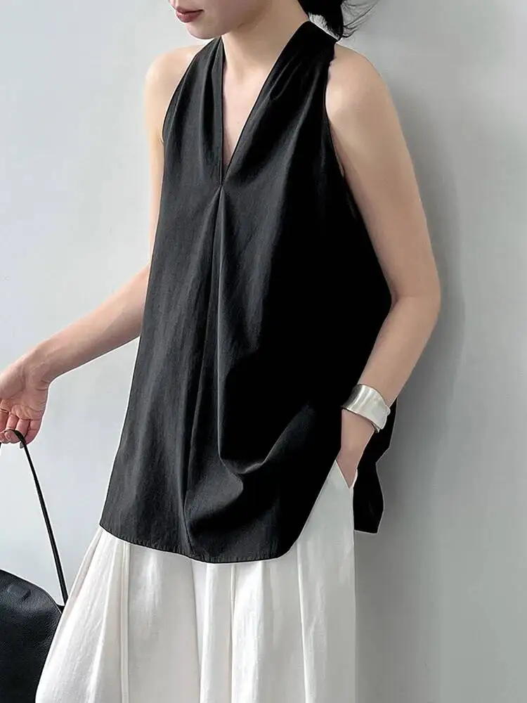 Women Black Thin Elegant Big Size Tank Tops New V-collar Sleeveless Personality Fashion Tide Spring Summer