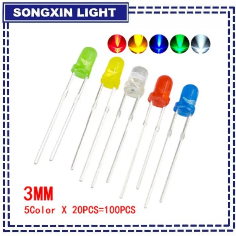 100PCS/lot 3mm LED Diode F3 Assorted Kit ibuw White Green Red Blue Yellow Orange Pink Purple Warm White DIY Light Emitting Diode