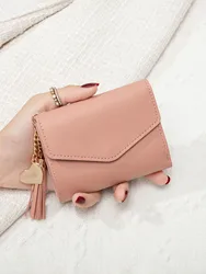 Fashion ultra-thin tri-fold hand-held coin purse minimalist credit card holder solid color tassel pendant short women's wallet