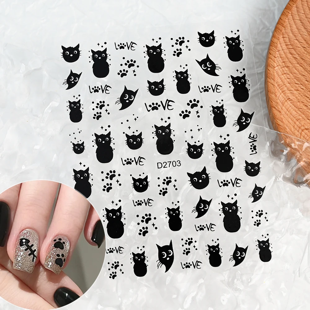 2 pezzi 3D adesivi per unghie gatto nero simpatico cartone animato animale artigli di gatto stelle gatto nero nail art decalcomanie cursori manicure decori accessor