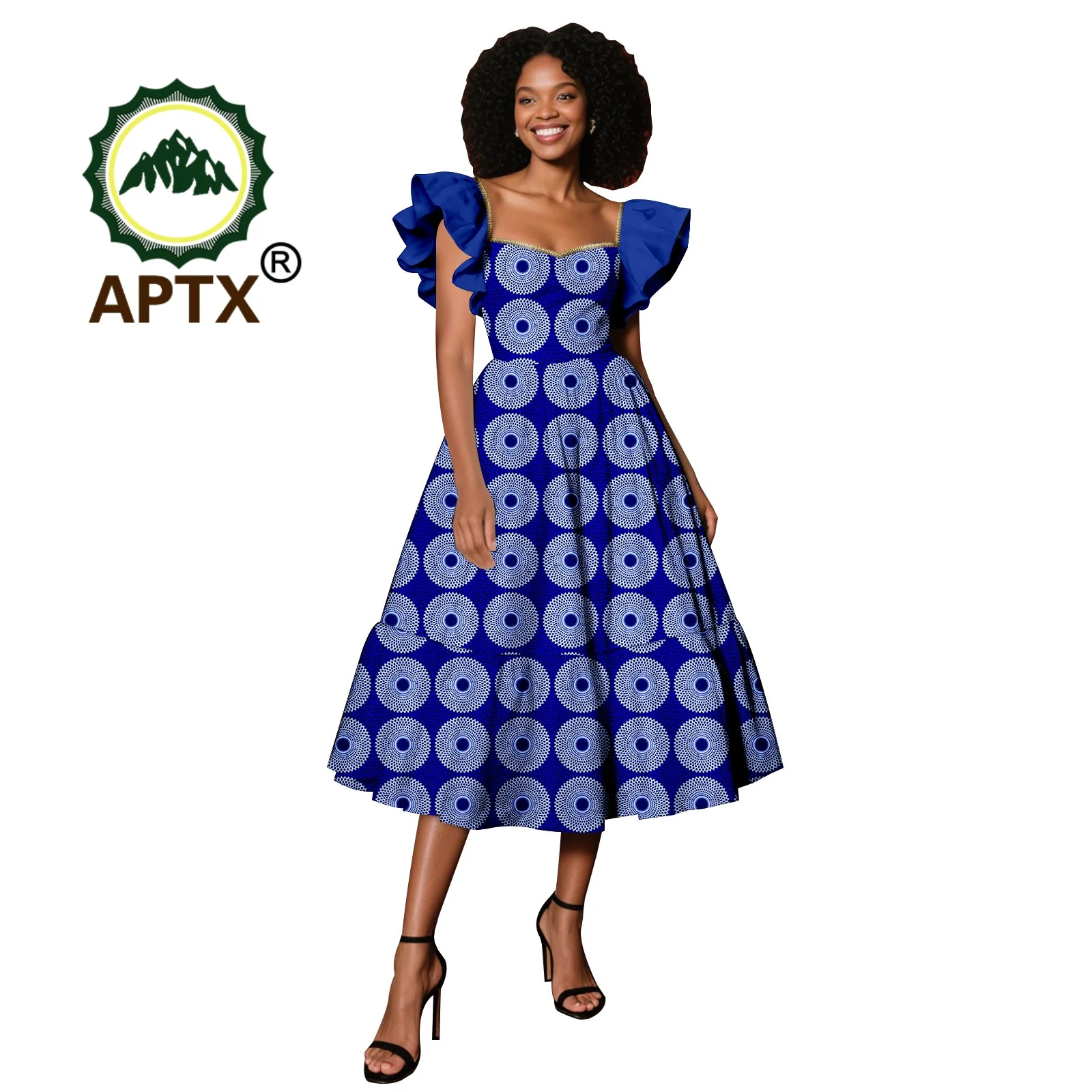 

African Dress for Women Ankara Print Square Collar Flying Sleeve Mid-Calf Patchwork Dress Dashiki Casual Party Dress