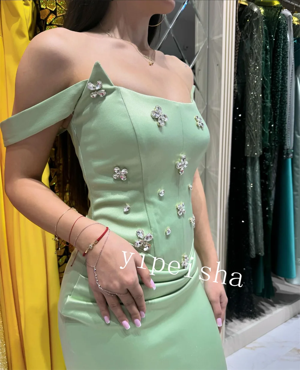 Jiayigong  Satin Rhinestone Pleat Prom Sheath Off-the-shoulder Bespoke Occasion Gown Midi Dresses Saudi Arabia