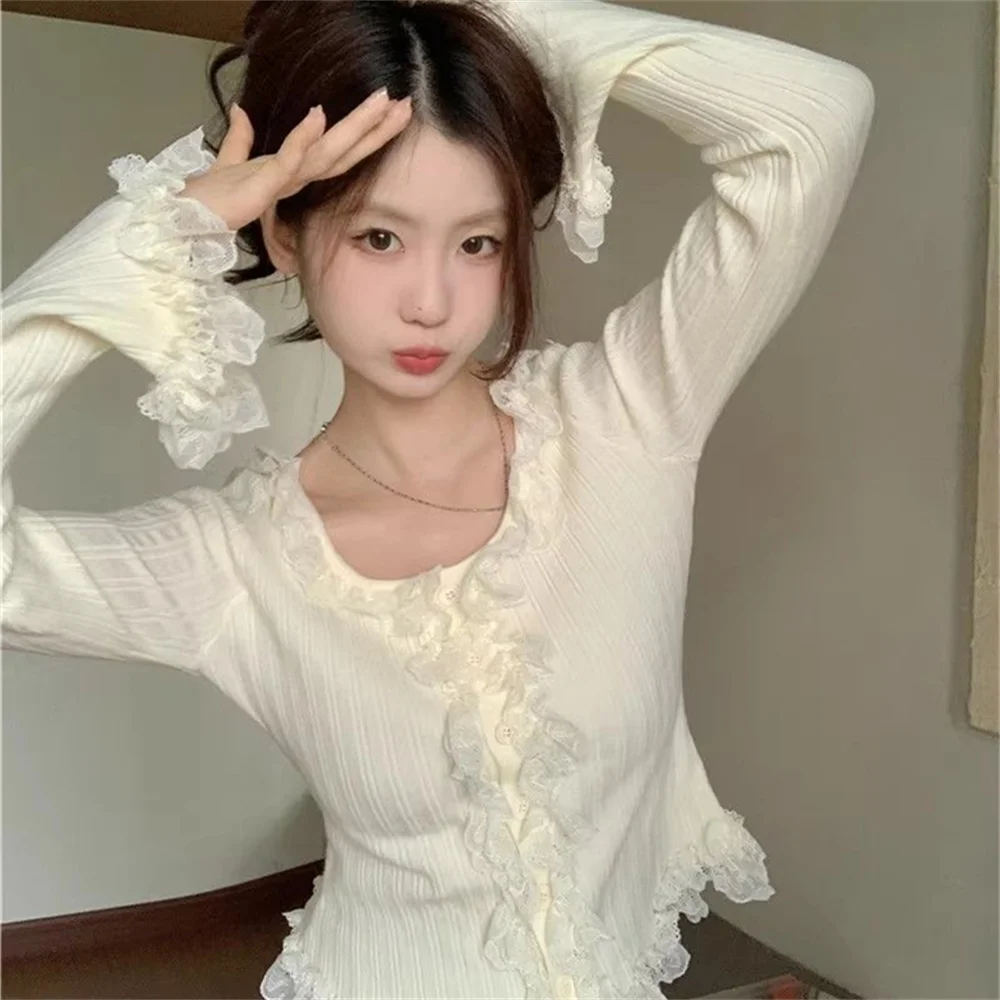 Style Sexy Long Sleeve O-neck Lace Spliced T-shirt 2025 Spring Autumn Top Slimming Pullover Fashion Knitted Ladies Tshirt