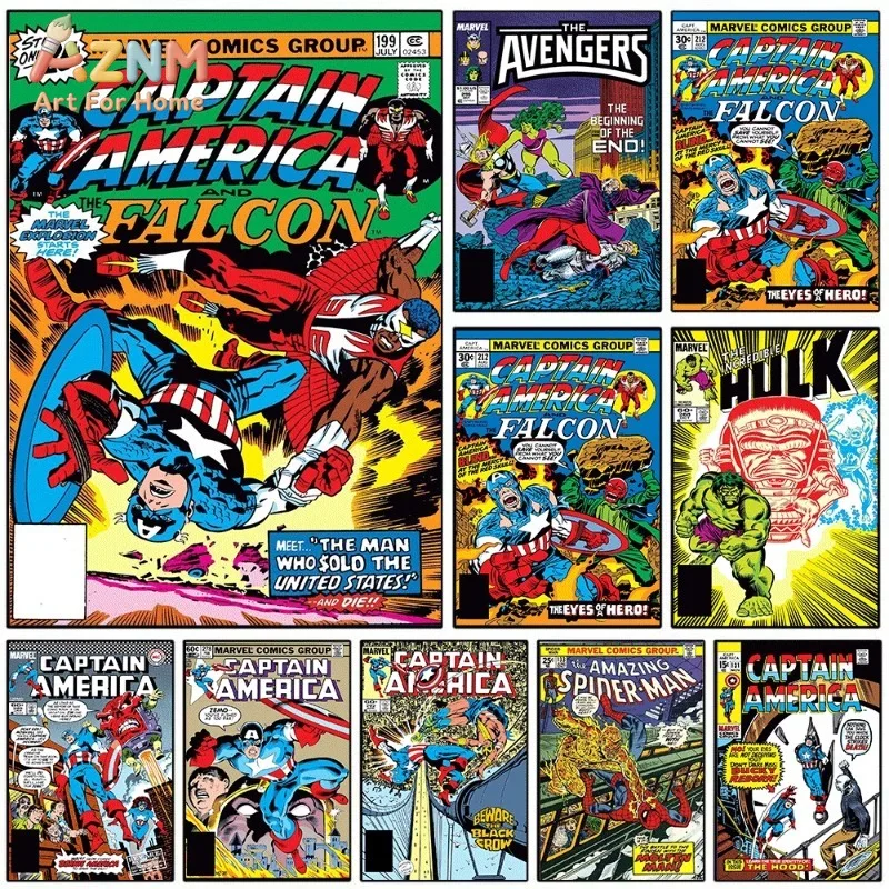 Vintage Captain America Comic Collage Canvas Wall Art Retro Superhero Poster For Bedroom Living Room Home Background Decoratio