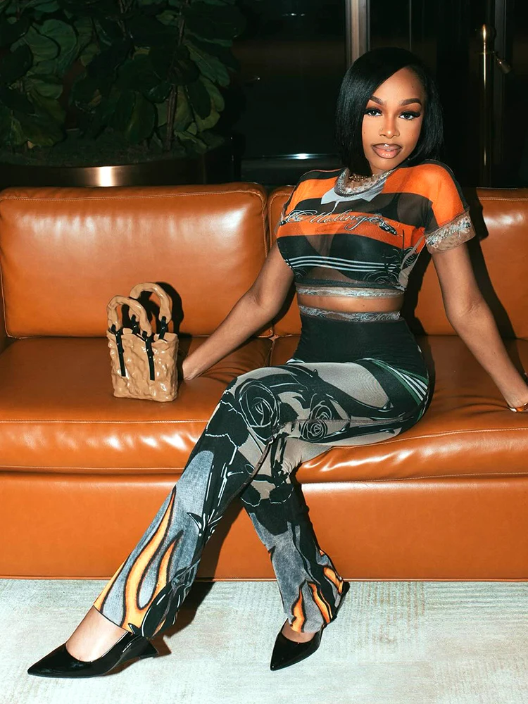 Estranho gato moda retalhos 2 peça conjunto feminino malha ver através de topos + chama impressão calças magras meninas quentes sexy hipster outfits