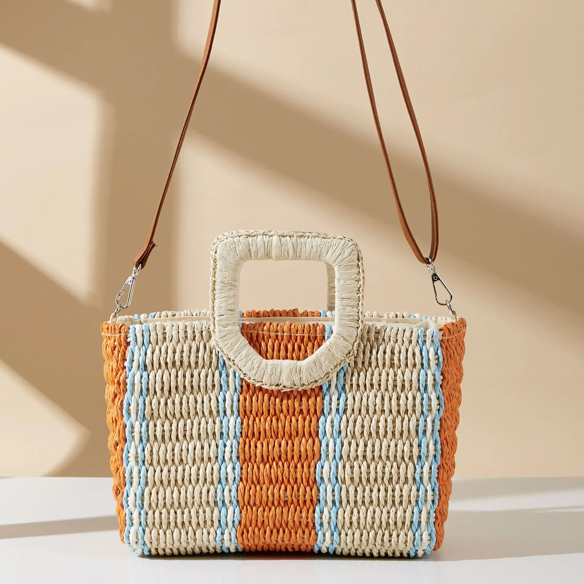 Color Striped Box Bag Summer Woven Beach Bags for Women Handbags Paper Rope Knitting Straw Bag Travel Shoulder Crossbody Bags