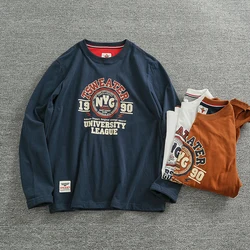 Autumn New American Retro Long-sleeved O-neck Letter Printed T-shirt Men's Fashion Simple 100% Cotton Washed Casual Sport Tops