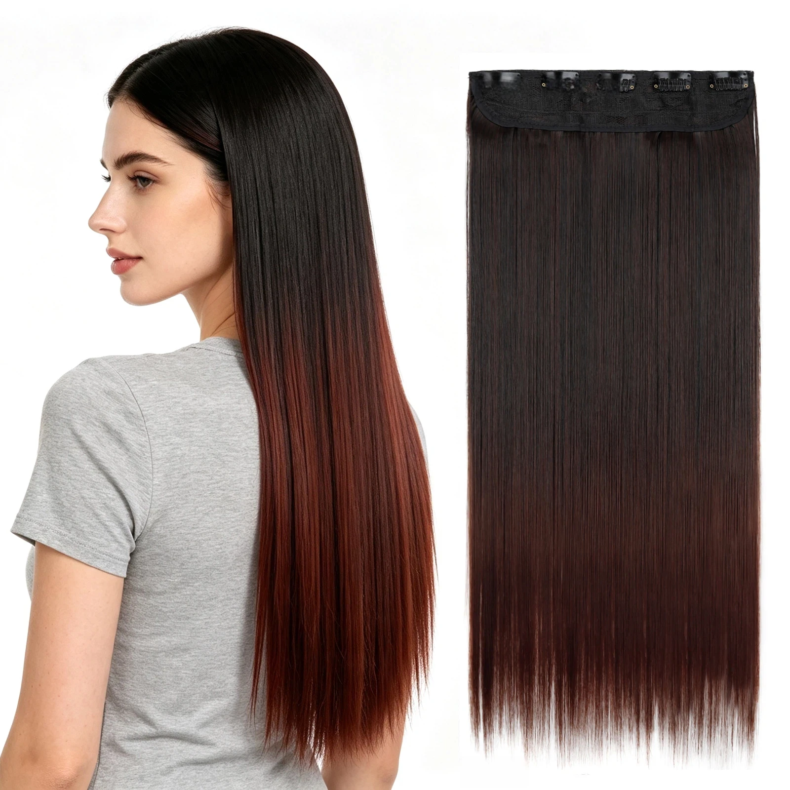 Clip In Hair Extensions 5 Clips One Piece Straight Hair Ombre Two Tone High Temperature Synthetic Hairpiece For Women