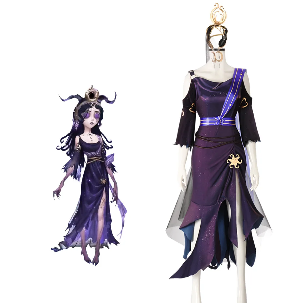 

Fiona Gilman Cosplay Game Priestess Costume Purple Off-shouder Long Dress Headgear Set Halloween Outfit for Woman