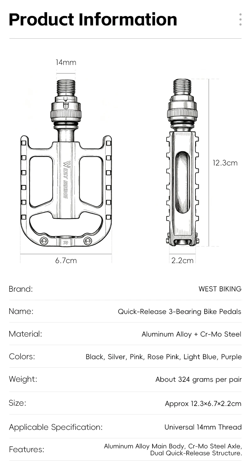 WEST BIKING Fahrradpedale mit Schnellspanner, Aluminiumlegierung, 3 abgedichtete Lager, rutschfest, 14 mm Cr-Mo-Achse, leichte MTB- und Rennradpedale – Detail 3