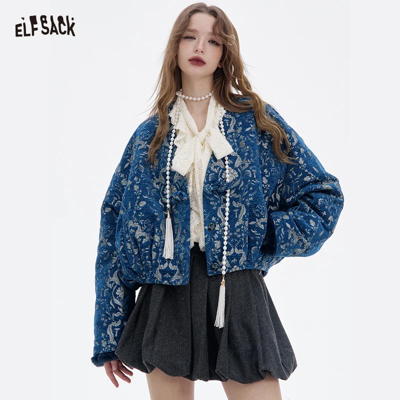 ELFSACK Women's Neo-Chinese Crop Outerwear with Floral Print, Loose Blue Vintage Coat for Everyday, Chic Oriental Jacket