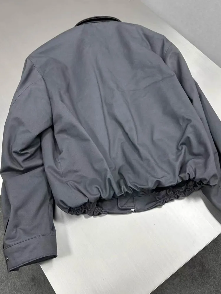 Fashion Mens Autumn Windproof Loose Fit Business Casual Work Jacket Cow Leather Collar Spliced Outwear Pilot Coat Streetwear