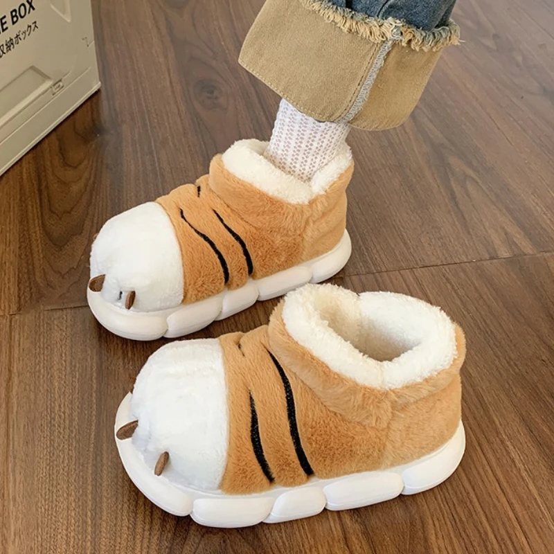 Cute Cartoon Fluffy Slippers For Women Men Winter Warm Shoes Indoor Home Floor Style Soft Plush Tiger Paw Couples Cotton Slipper