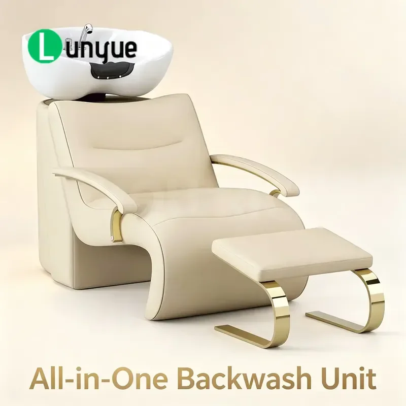 Beige Shampoo Chair with Ceramic Basin Reclining Hair Washing Station for Spa Comfortable Durable Professional