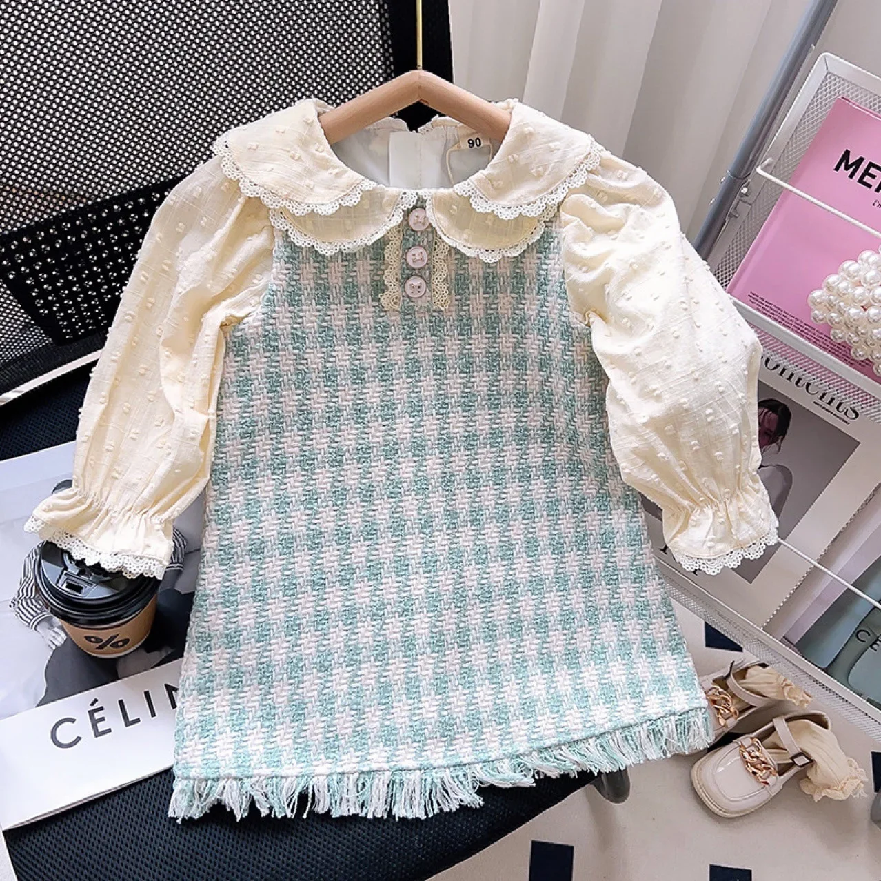 

Spring Autumn Children Girl Sundress Plaid Tassel Hem Baby Girl Straight Sundress Cotton Button Young Kids Girl Sleeveless Dress