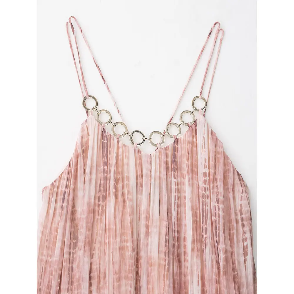 DUOPERI Frauen Tie Dye Gedruckt Plissee Backless Midi Kleid High Street Dünnen Trägern V-ausschnitt Weibliche Eleganz Chic Dame Kleider